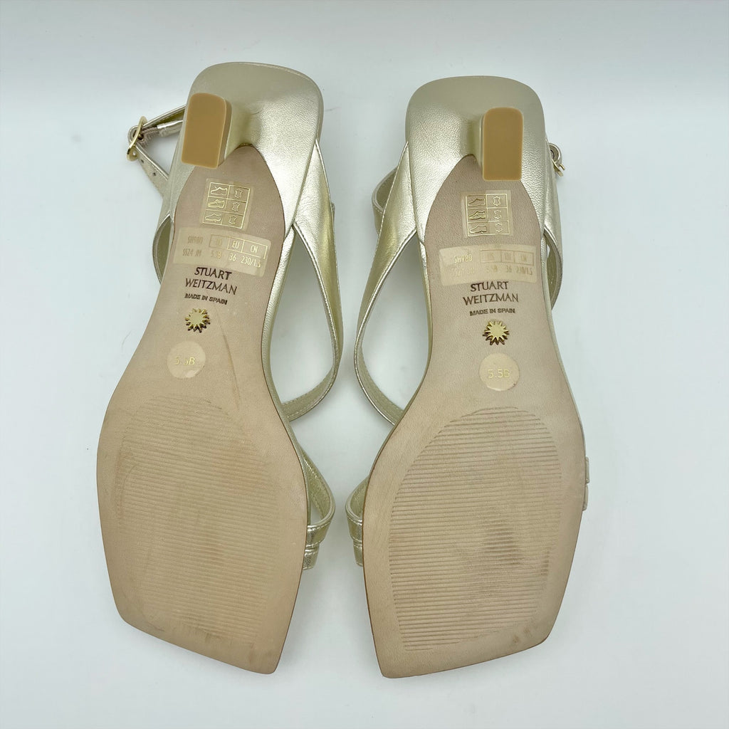 Stuart Weitzman Womens Oasis 50 Heeled Sandals US 5.5 B Gold Leather NIB