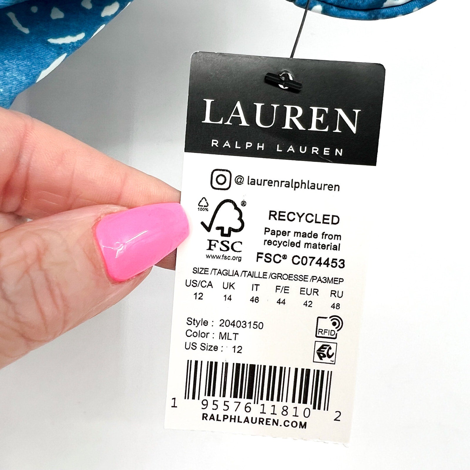 LAUREN RALPH LAUREN Patchwork Hipster Bikini Bottom Size 12 Blue Shirred NWT