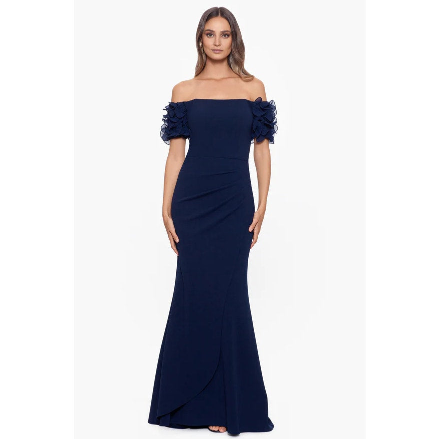 XSCAPE Ashlyn Scuba Crepe Off the Shoulder Long Gown Size 8 Navy Blue Dress NWT