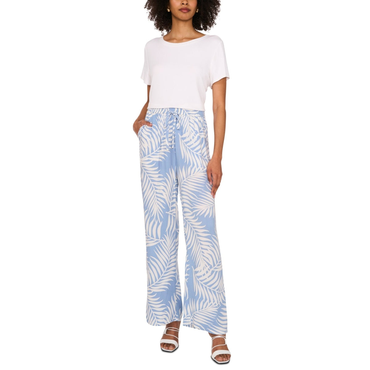 VINCE CAMUTO Women's Wide Leg Print Pants XS Blue White Pull On Lake Breeze NWT