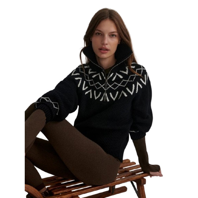 VARLEY Sigrid Fairisle Half-Zip Knit Sweater Medium Black Long Sleeve NWT