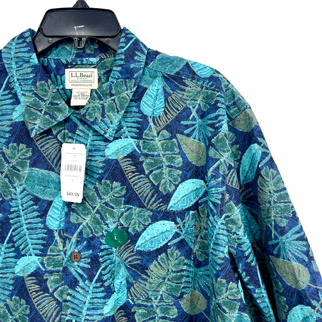 L.L BEAN Mens Tropics Print Short-Sleeve Casual Shirt Large Blue Green NWT