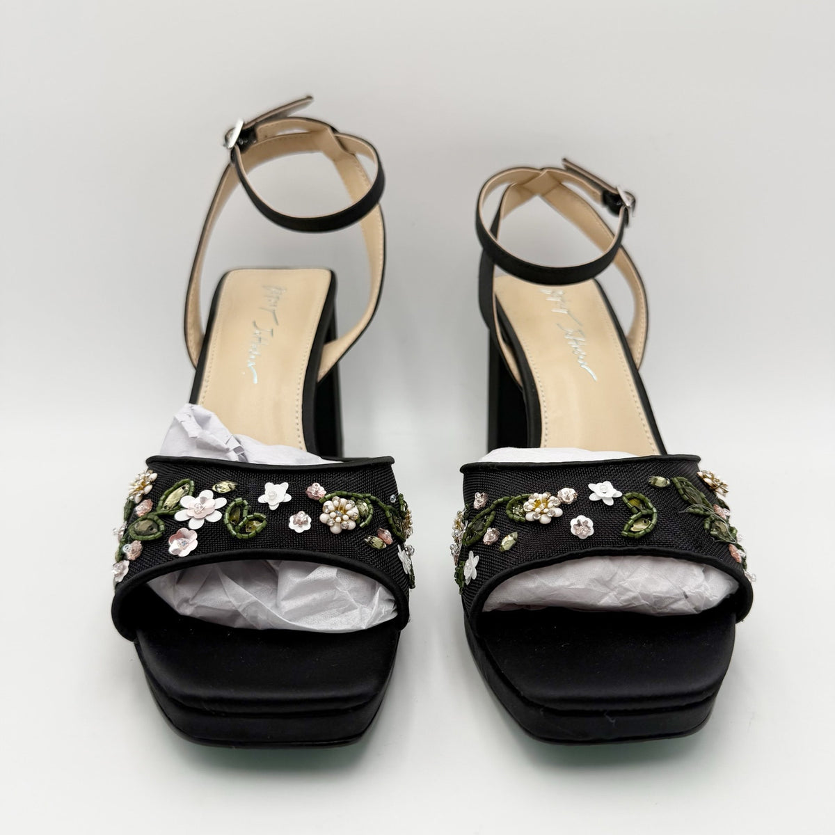 Betsey Johnson Womens Kirra Platform Heel Sandals US 8.5 Black Floral Beaded NIB