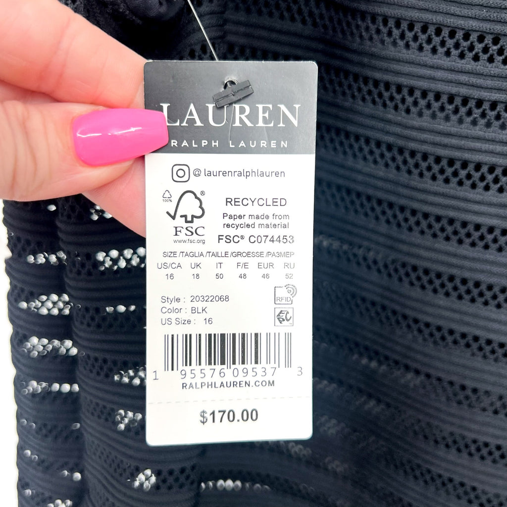 LAUREN RALPH LAUREN Ottoman One-Piece Swimsuit Size 16 Black Mesh Stripe NWT