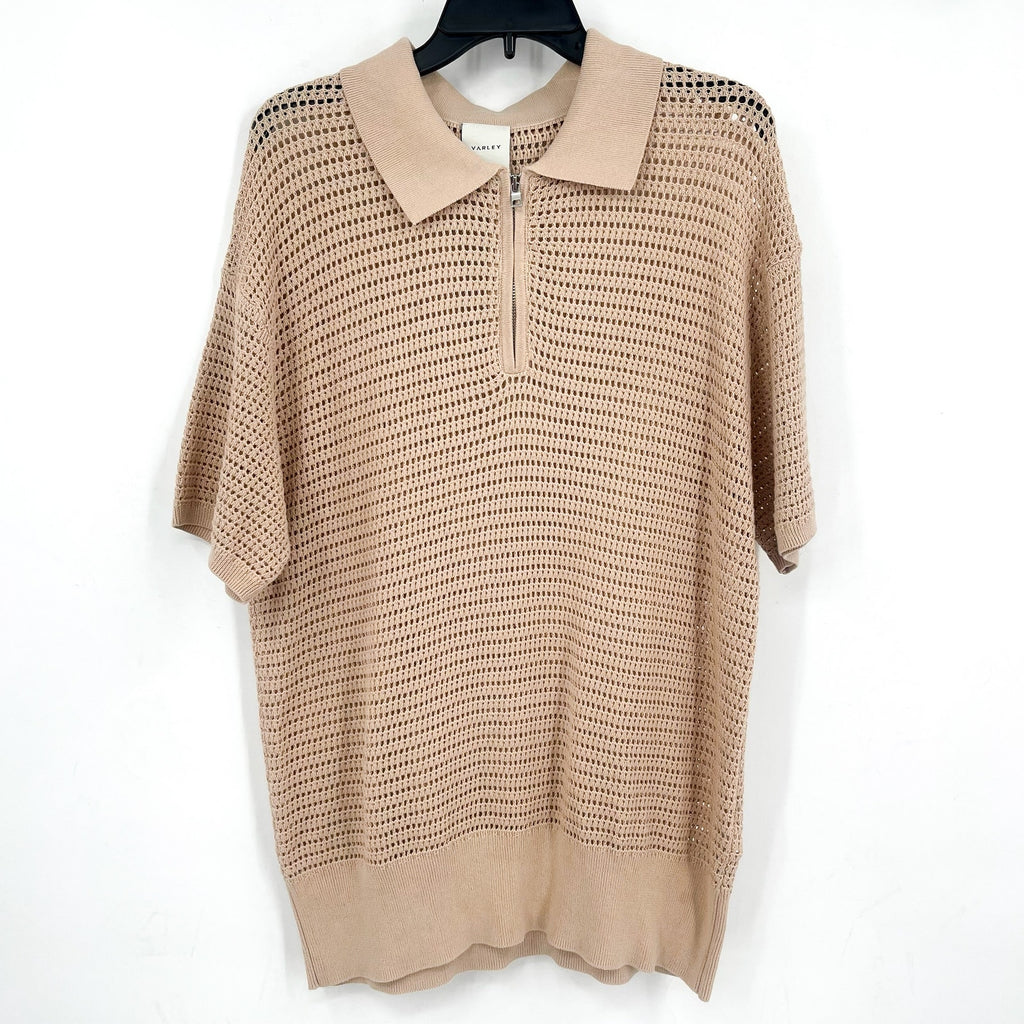 VARLEY Womens Clayton Polo Sweater Medium Beige Moonlight Knit Short Sleeve NWOT