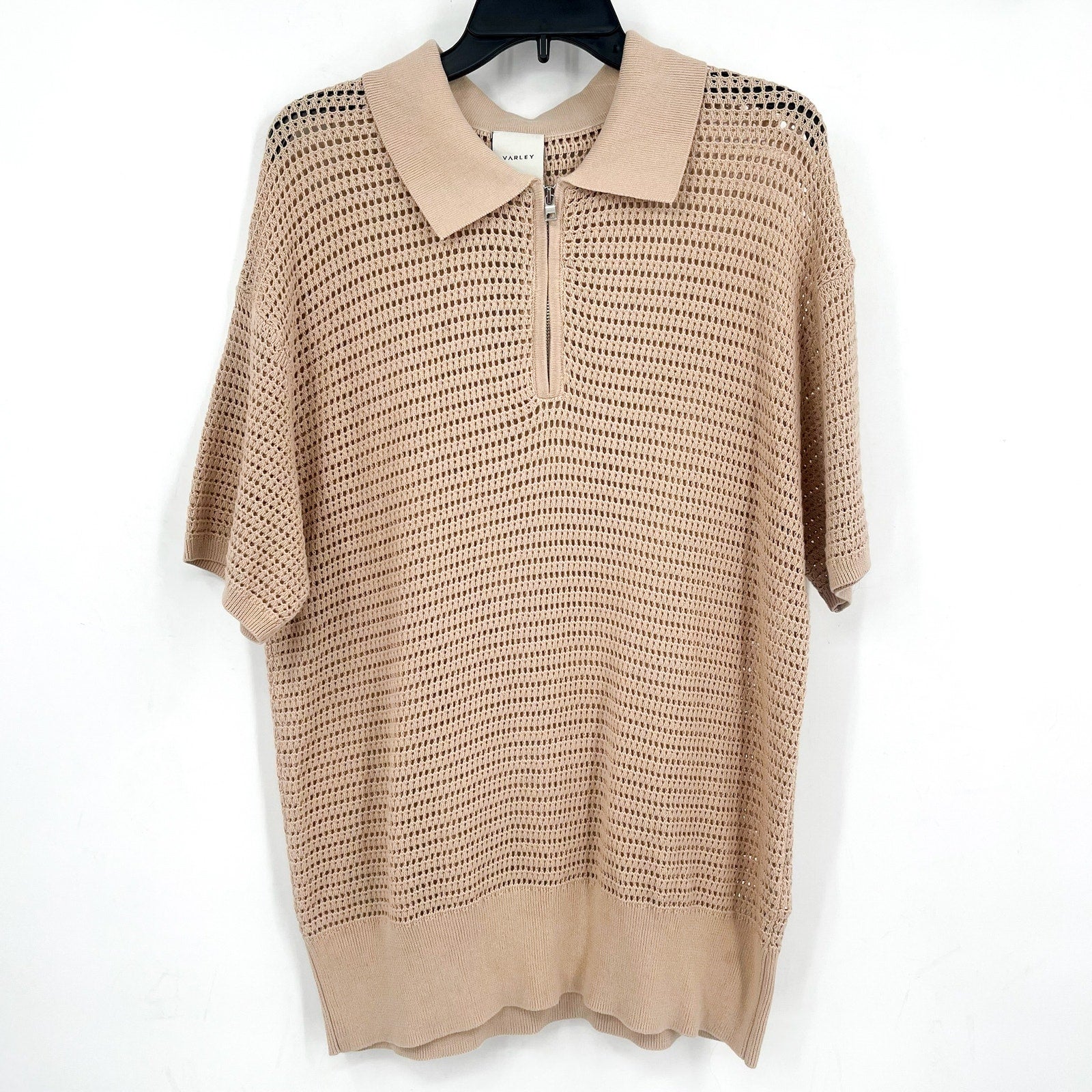 VARLEY Womens Clayton Polo Sweater Medium Beige Moonlight Knit Short Sleeve NWOT