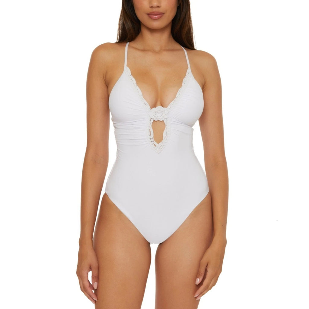 BECCA Colette Clare Plunge One Piece Swimsuit Small White Crochet Flower NWT