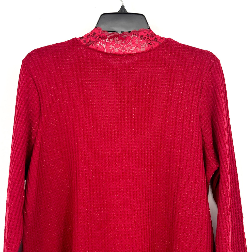 LOGO LORI GOLDSTEIN Metallic Waffle Knit Top Medium Rumba Red Long Sleeve NWOT