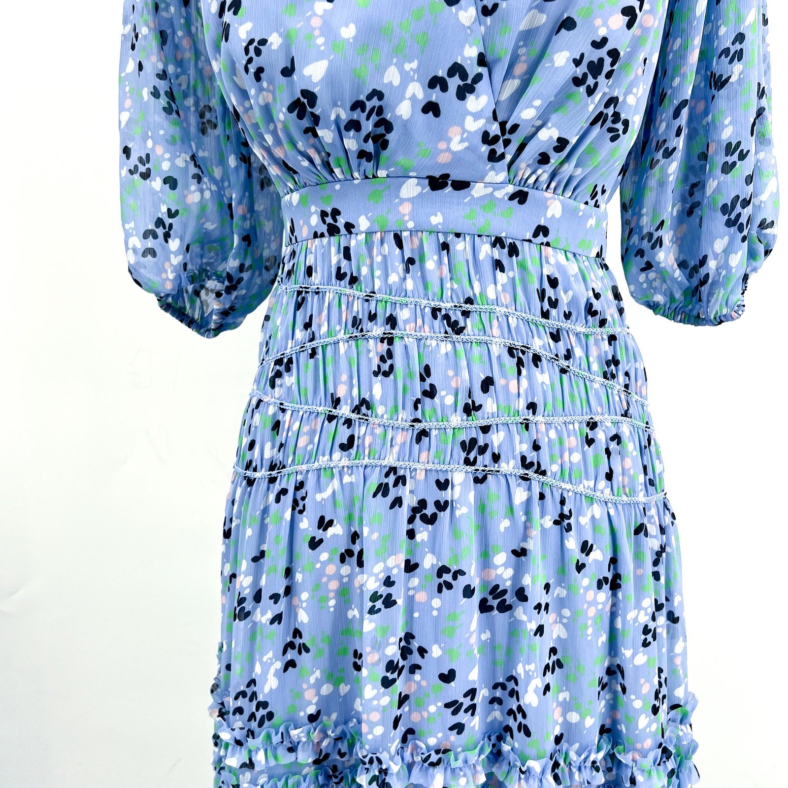 TED BAKER Womens Blakeli Floral Dress TED 0 US 2 Blue Smocked Puff Sleeve NWOT