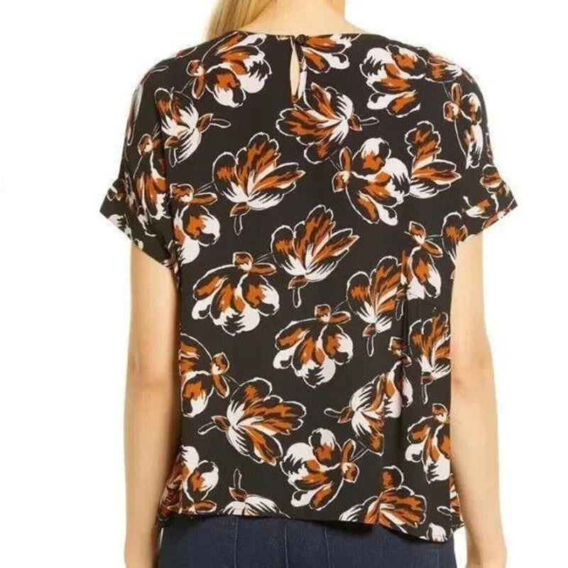 MADEWELL Womens Shirred Top Small Black Duskblossom Floral Short Sleeve NWOT
