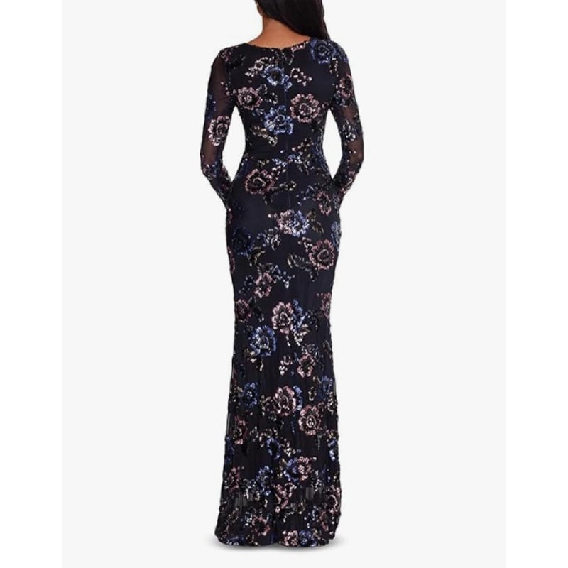 BETSY & ADAM Long Long Sleeve Floral Sequin Gown Size 12 Black & Teal NWT