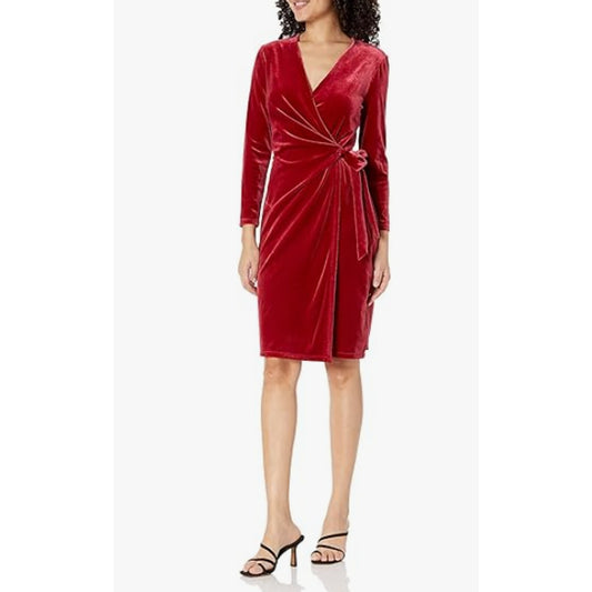 ANNE KLEIN Velvet Wrap Dress Titian Red V Neck SMALL