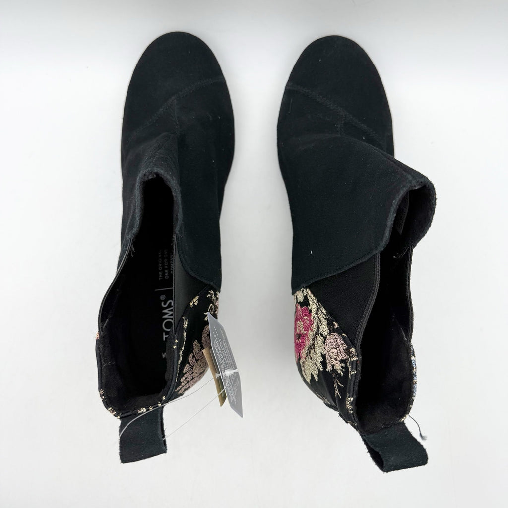 TOMS Womens Kelsey Graphic Wedge Booties US 10 Black Floral Suede Ankle NWOB