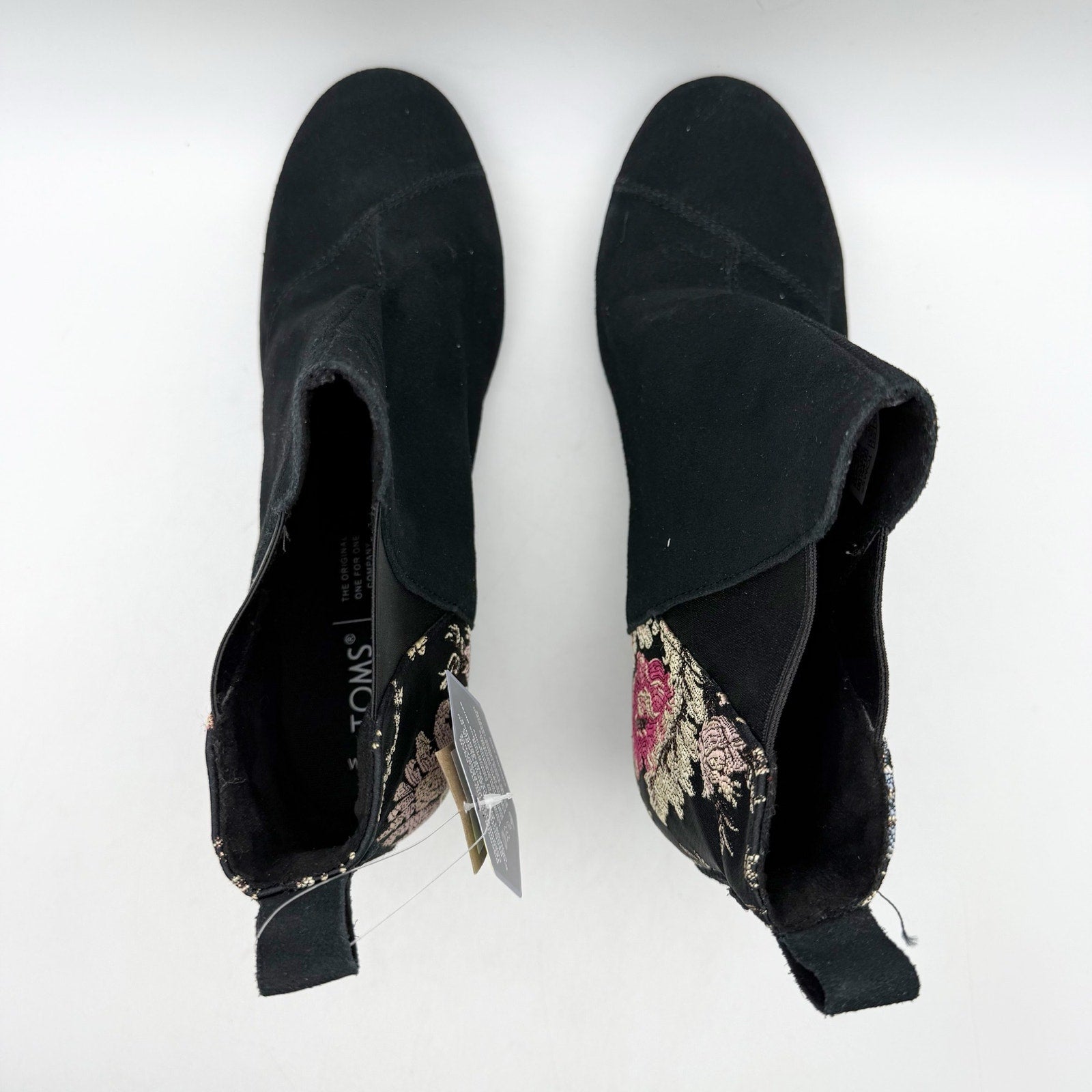 TOMS Womens Kelsey Graphic Wedge Booties US 10 Black Floral Suede Ankle NWOB