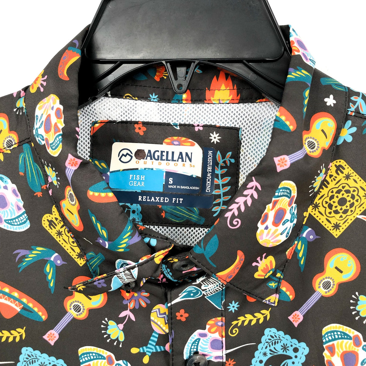 MAGELLAN Mens Dia De Los Muertos Short Sleeve Fishing Shirt Small Black NWOT