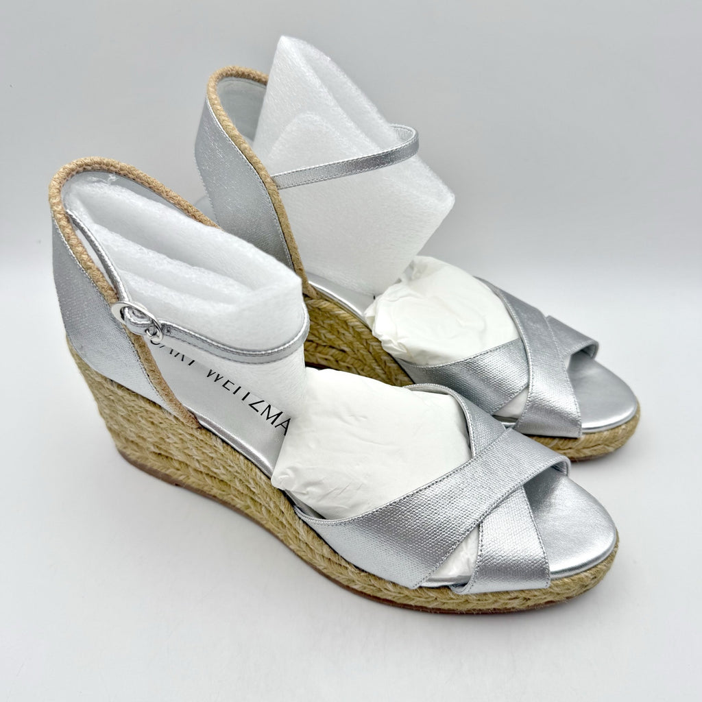 Stuart Weitzman Mirela II Espadrille Wedge Sandals Size 10 B Silver Leather NIB