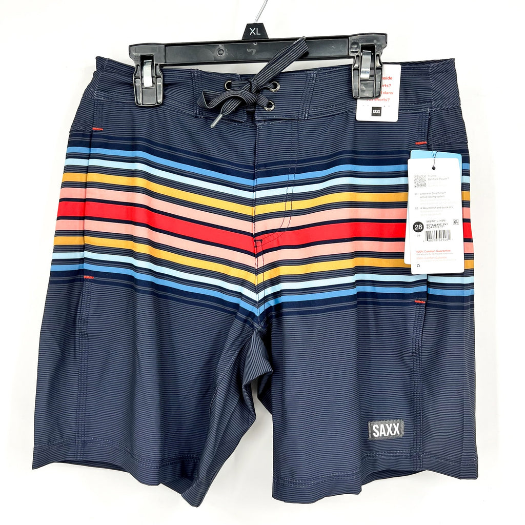 SAXX Betawave 2n1 Swim Board Shorts Size 28 Blue Stripe 7" Inseam Liner NWT