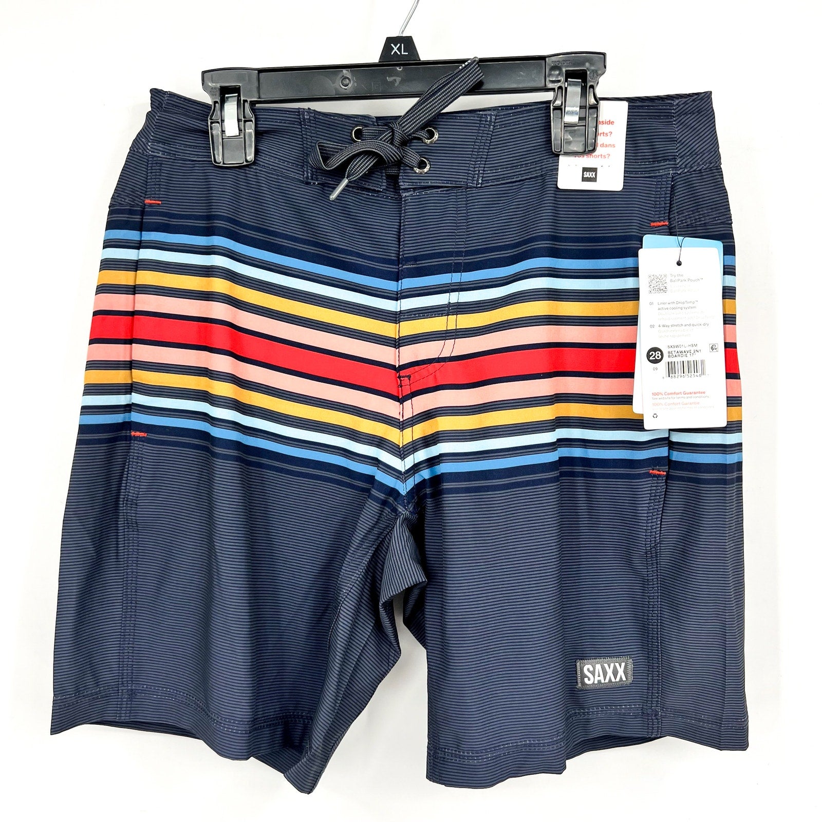 SAXX Betawave 2n1 Swim Board Shorts Size 28 Blue Stripe 7" Inseam Liner NWT