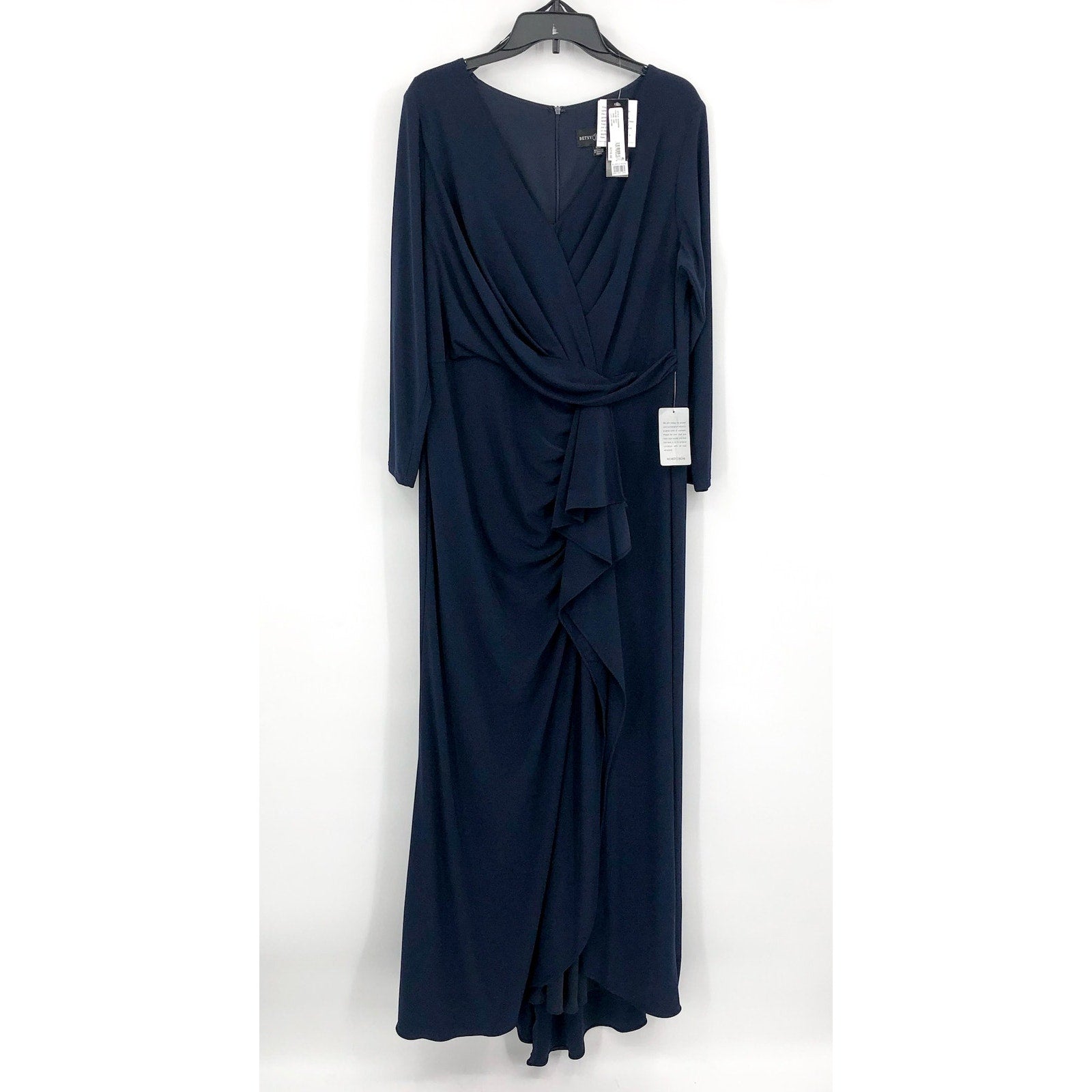 BETSY & ADAM Elle Long Sleeve Gown Size 16W Navy Blue Side Ruffled Slit NWT