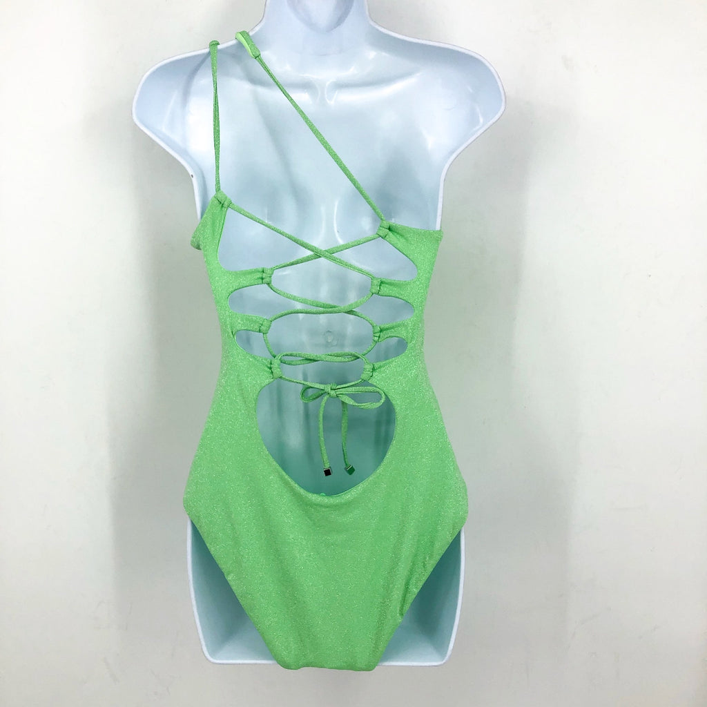 BECCA Glimmer Sparkly One Shoulder One Piece Swimsuit Medium Lime Green NWT