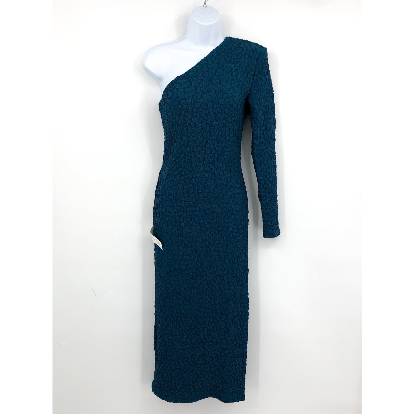 BARDOT Women's Crinkle One Shoulder Long Dress US 4 Teal Blue Long Sleeve NWT