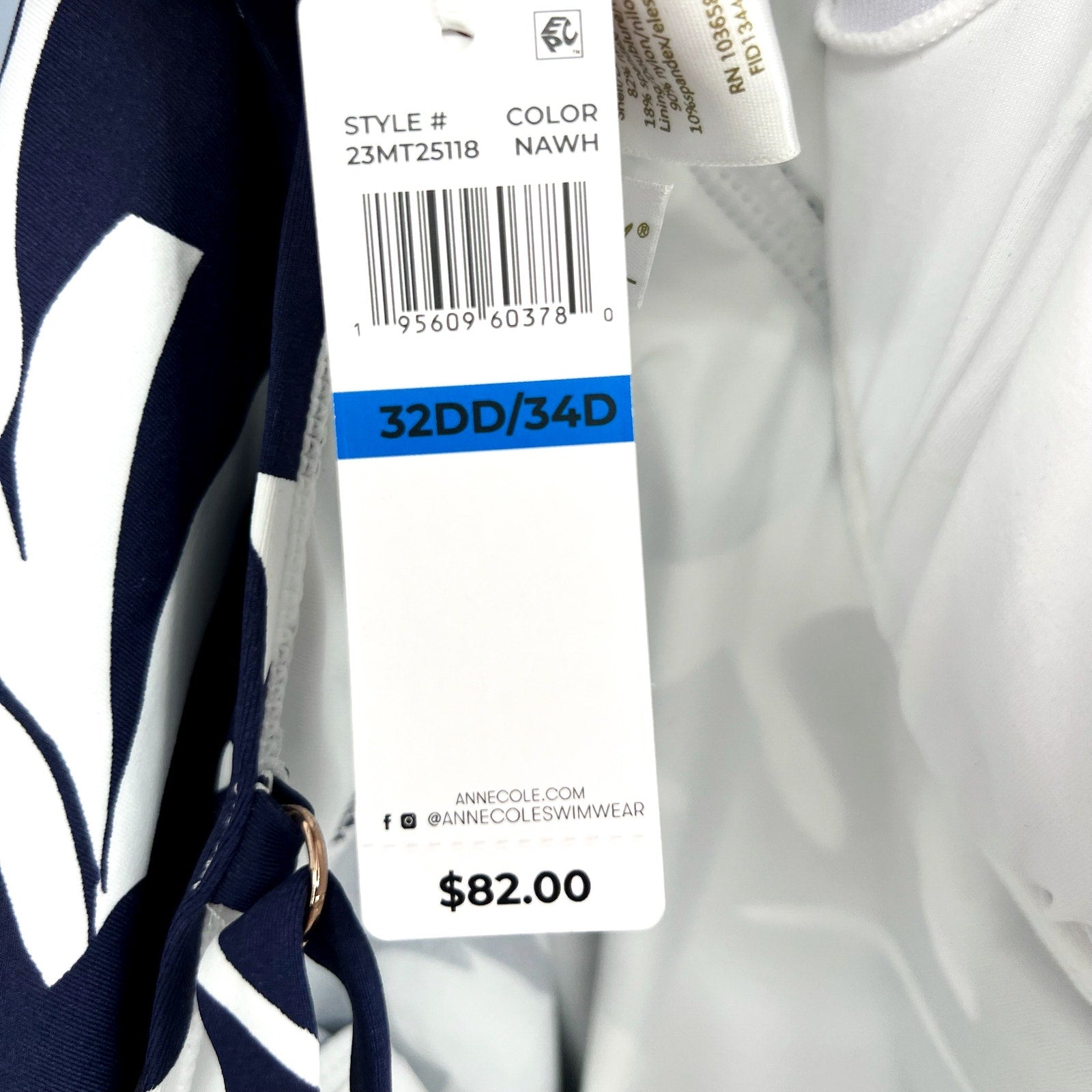 ANNE COLE Womens Tankini Swim Top 32DD - 34D Blue White Coastal Palms V-Wire NWT
