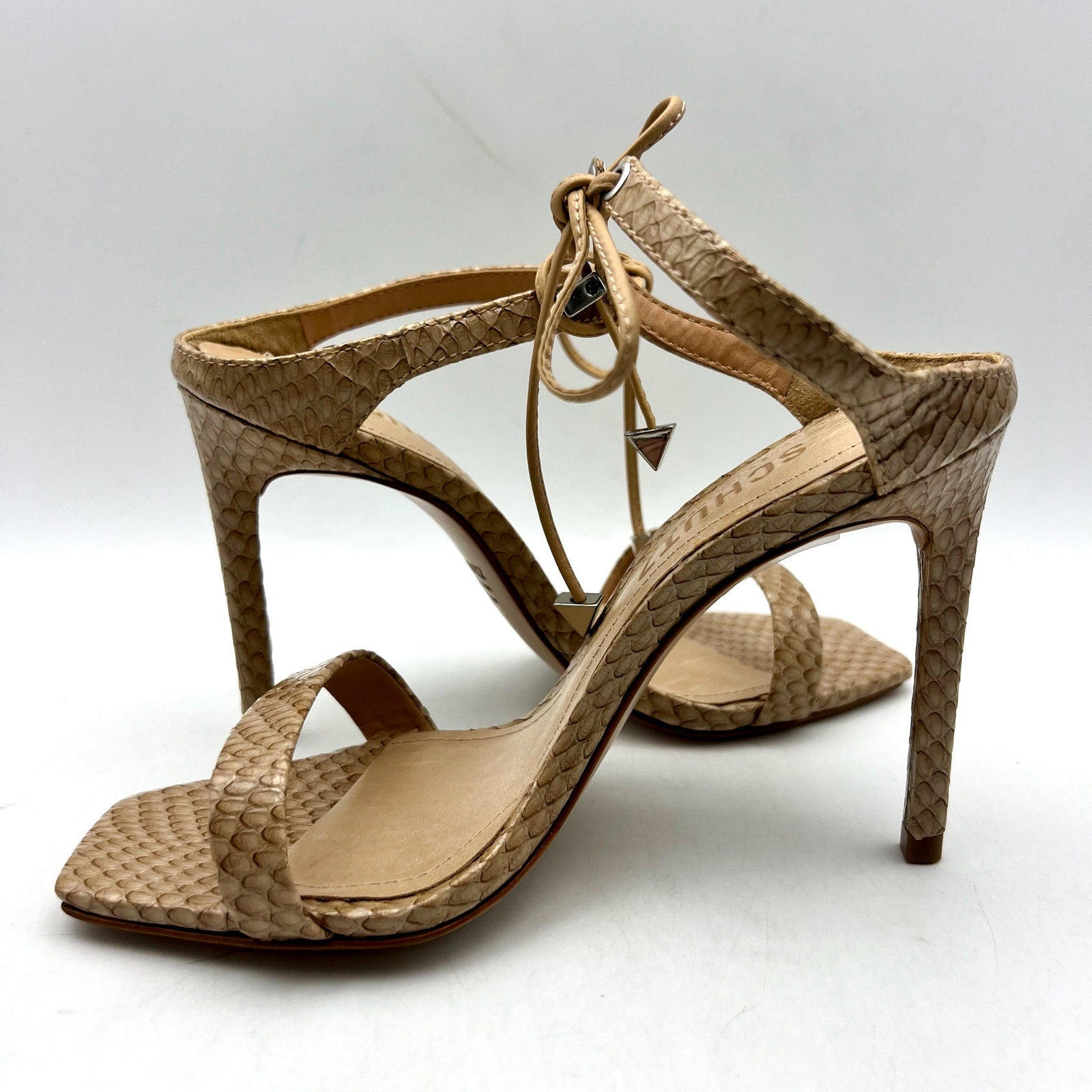 SCHUTZ Womens Mavis Heel Sandals Size 5 B Snake Shine Light Nude Leather NIB