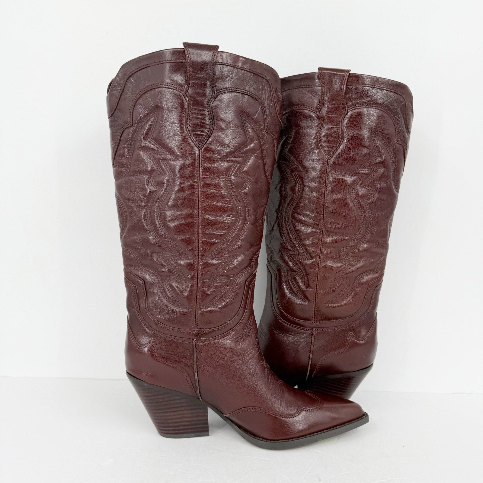 Sam Edelman Women James Western US 9 M Wide Calf Red Brown Burgundy Leather NWOB