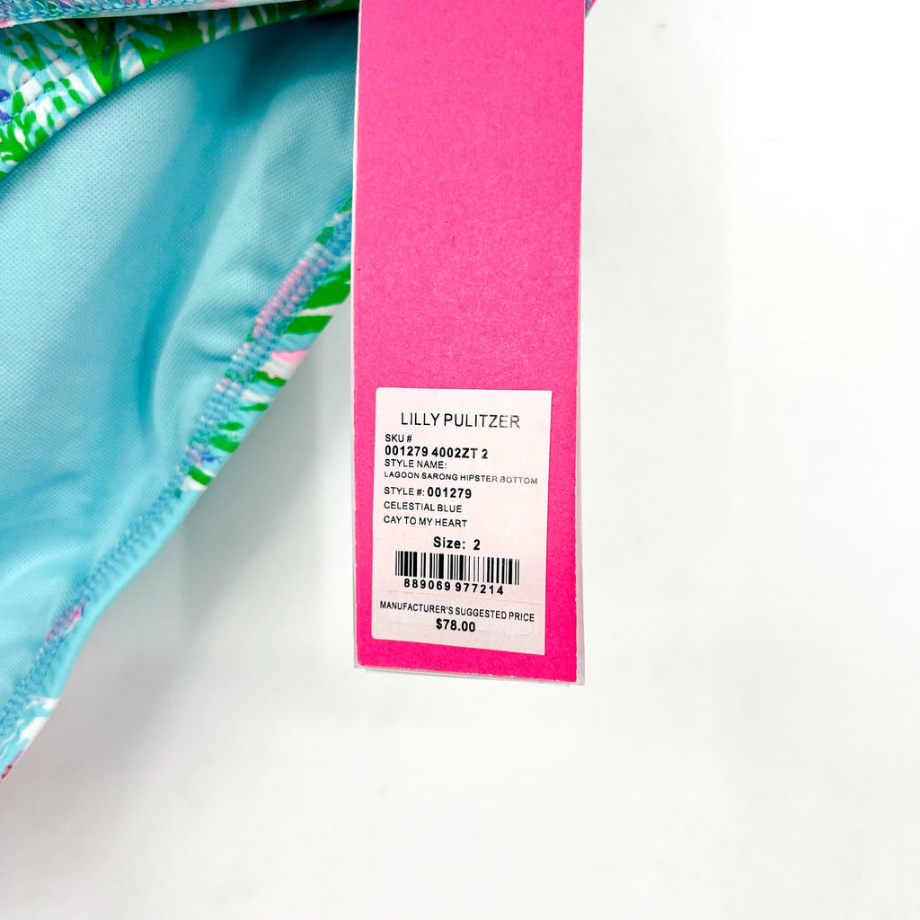 LILLY PULITZER Lagoon Sarong Hipster Bikini Bottom SZ 2 Blue Cay To My Heart NWT