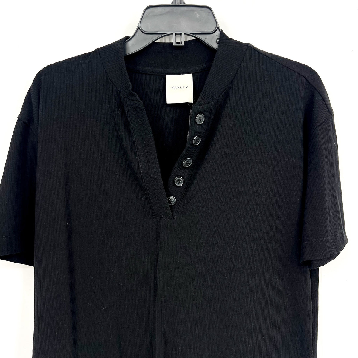 VARLEY Women's Kasey Mock Placket Rib Tee Small Black Short Sleeve NWT