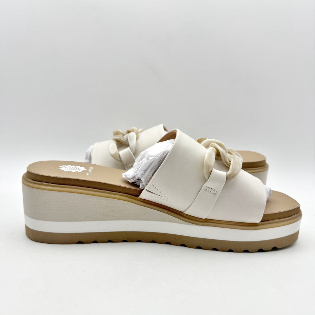 Yellow Box Womens Alora Wedge Slide Sandals US 7 M White Tan Vegan Leather NWOB