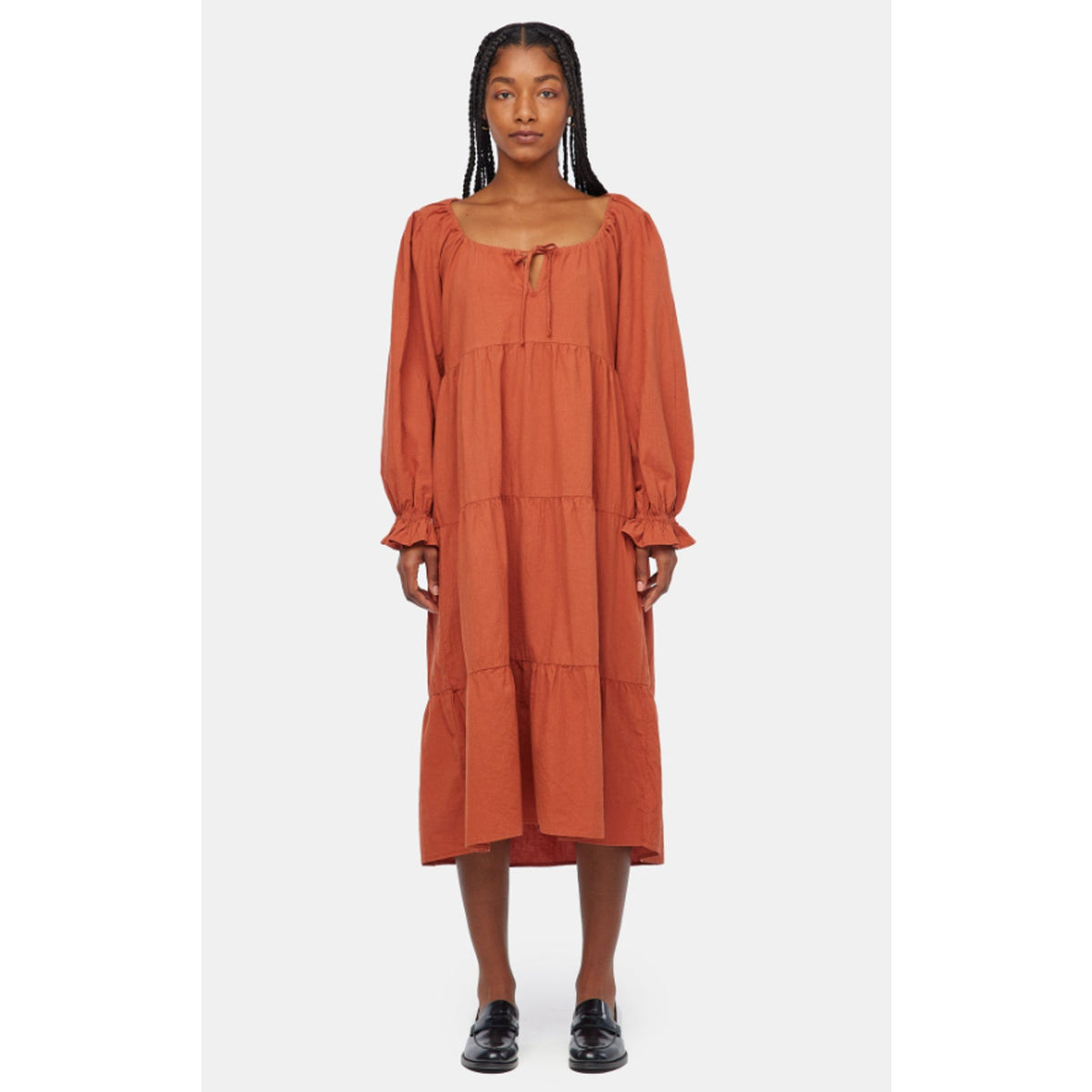 LACAUSA Women's Tate Tiered Midi Dress XS Rustic Orange Long Sleeve NWT