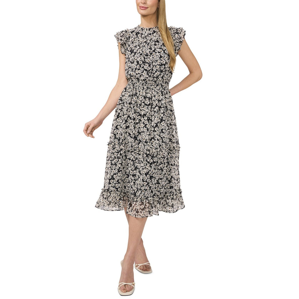 CECE Women's Floral Print Midi Dress Small Black White Smocked Waist NWT