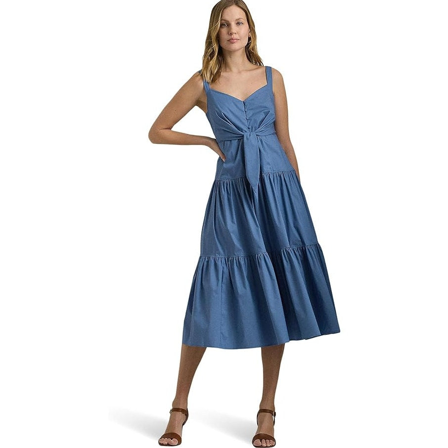 LAUREN RALPH LAUREN Tie-Front Tiered Midi Dress Size 0 Blue Sundress Tank NWT