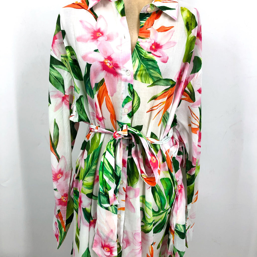 LAUREN RALPH LAUREN Tropical Floral Voile Shirtdress Large White Multi NWT