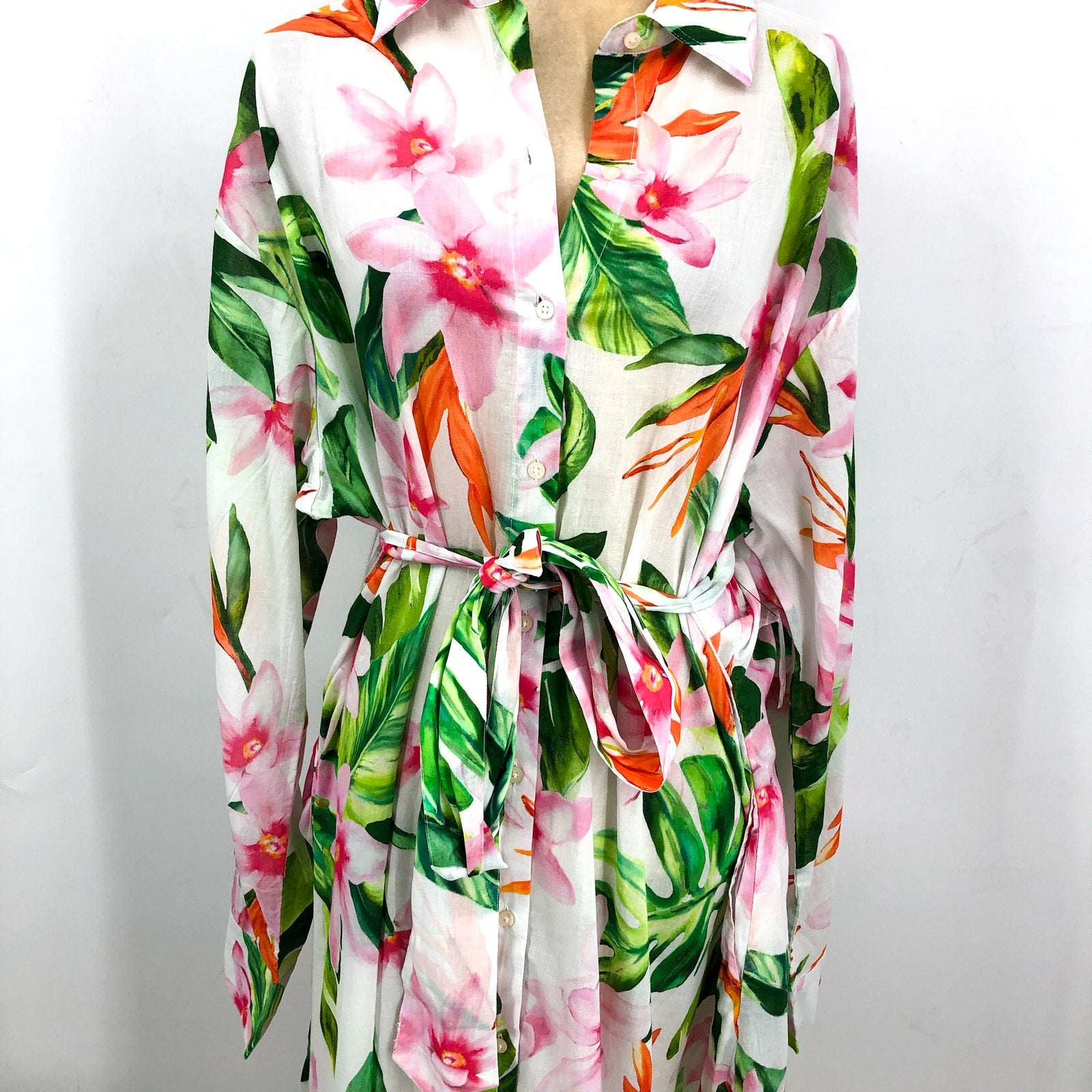 LAUREN RALPH LAUREN Tropical Floral Voile Shirtdress Large White Multi NWT