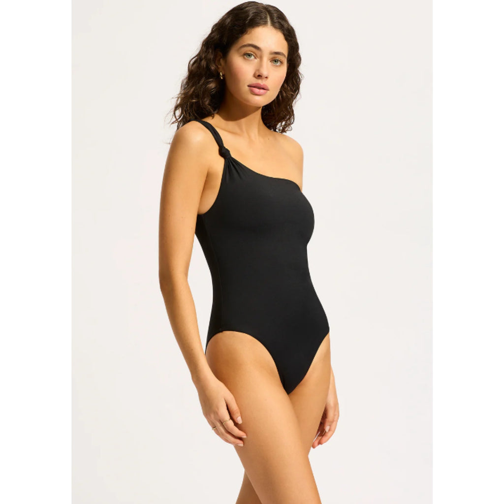 SEAFOLLY COLLECTIVE One Shoulder One Piece Swimsuit Size 2 Black Ruched NWT