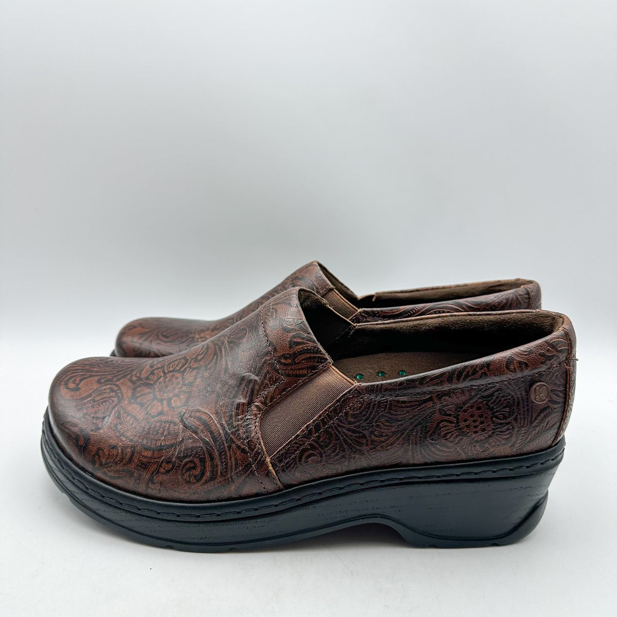 KLOGS FOOTWEAR Womens Naples Clogs Size 10 Wide Brown Embossed Floral SR NWOB