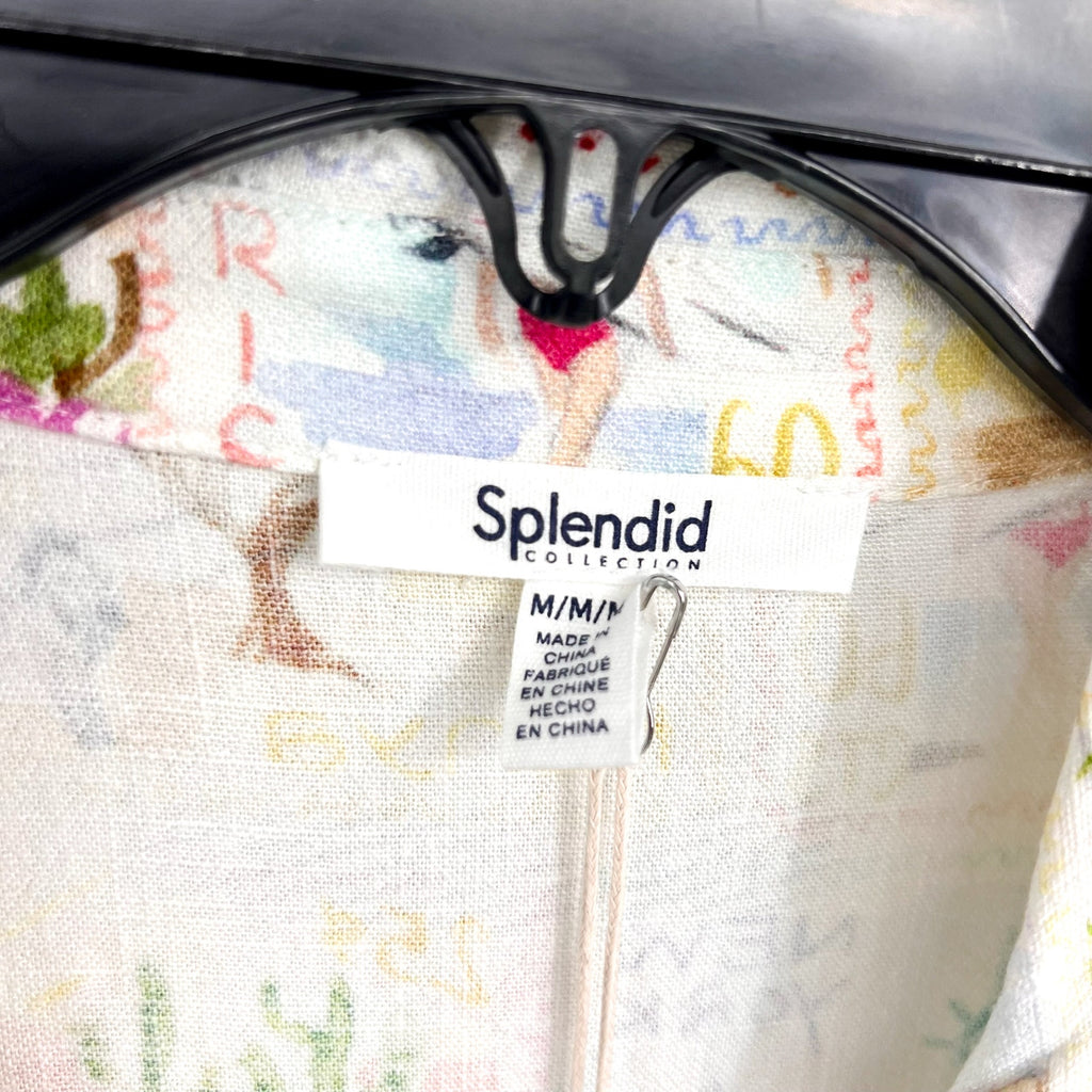 SPLENDID Women's Coastal Postcard Top Medium White Print Linen Blend Blouse NWT