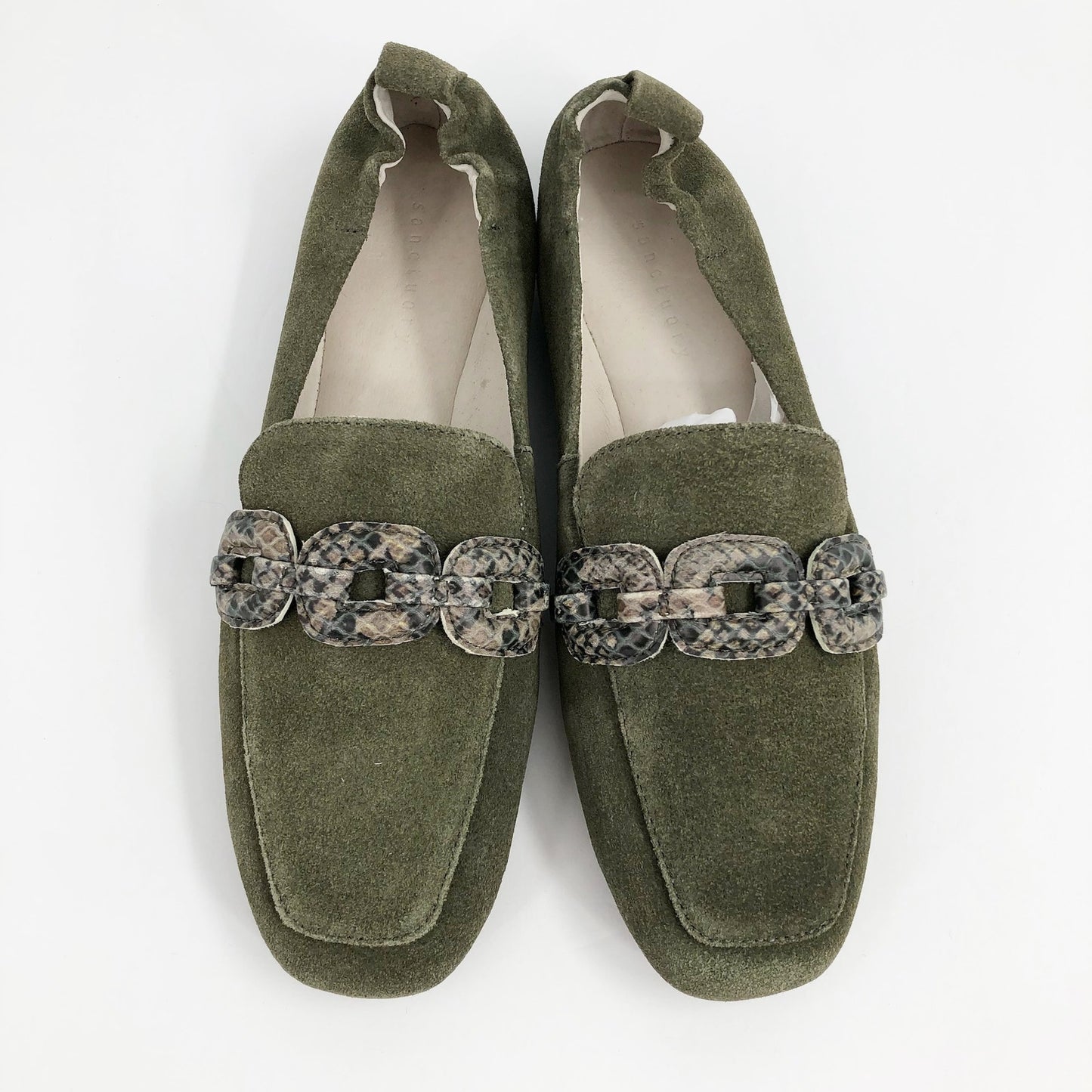 SANCTUARY Blast Suede Loafers 6.5 Olive Green Python-Embossed Bit NWOB