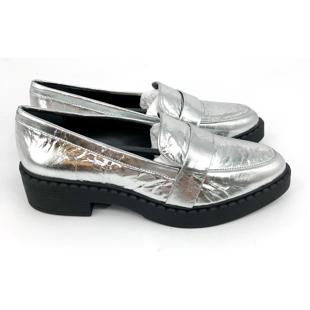 VINCE CAMUTO Womens Echika Loafer Size 8 M Silver Leather Chunky Block Heel NWOB