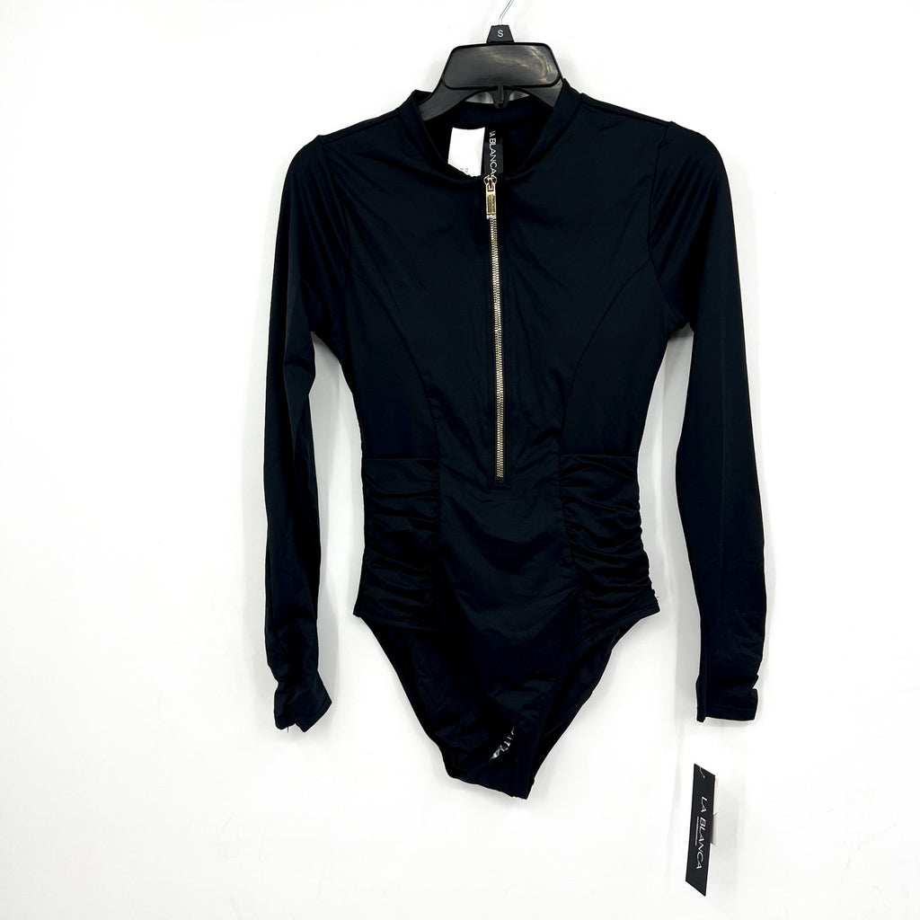 LA BLANCA Women's Zip-Front Paddlesuit Swimsuit XS Black Shirred Long Sleeve NWT