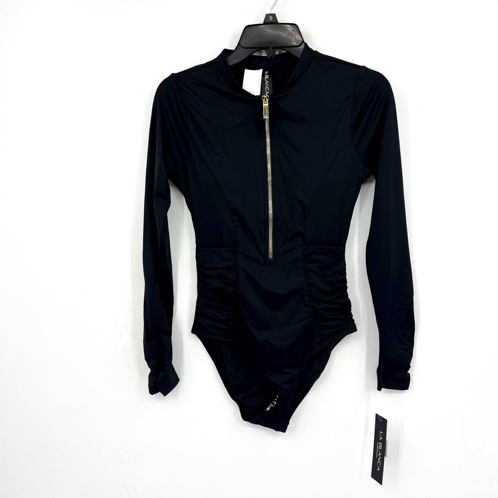 LA BLANCA Women's Zip-Front Paddlesuit Swimsuit XS Black Shirred Long Sleeve NWT