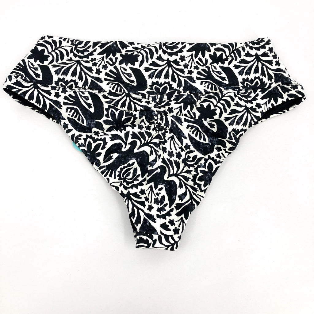 PRANA Women's Aurelia Bikini Bottom XS White Black Flora Fauna High Waist NWT