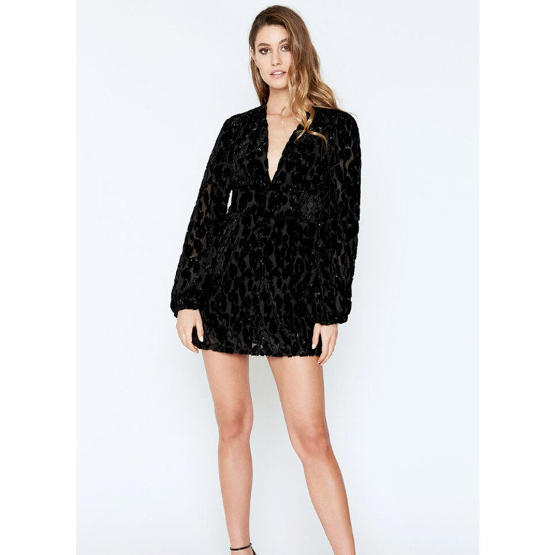 BARDOT Women's Leo Mini Dress Medium US 8 Black Burnout Velvet Long Sleeves NWR