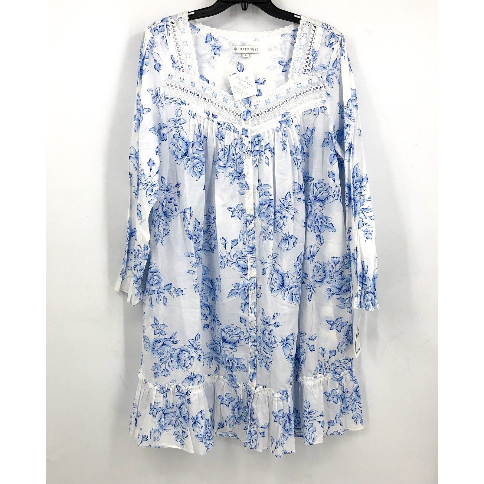 EILEEN WEST Short Nightgown Large Blue White Floral Long Sleeve Cotton Knit NWT