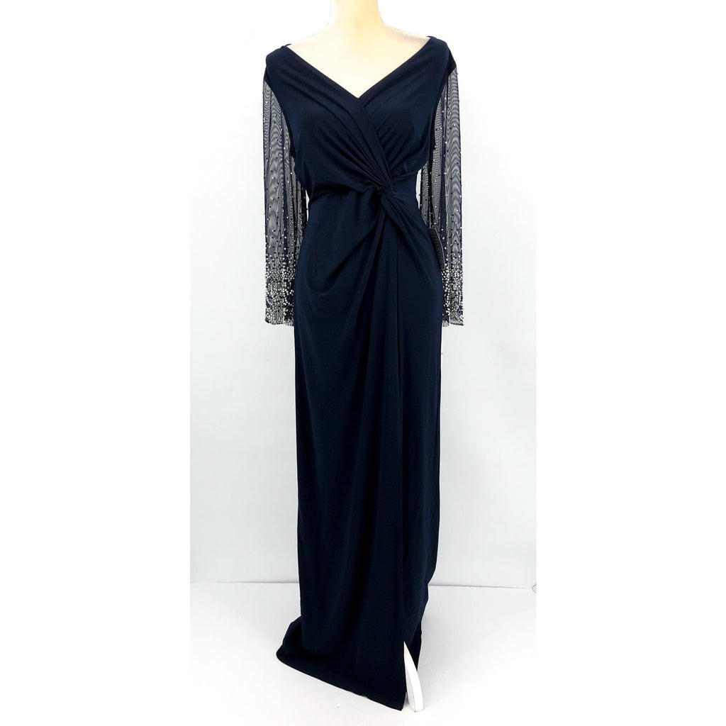 ALEX EVEININGS Embellished Illusion Dress Size 12 Dark Navy Blue Jersey NWT