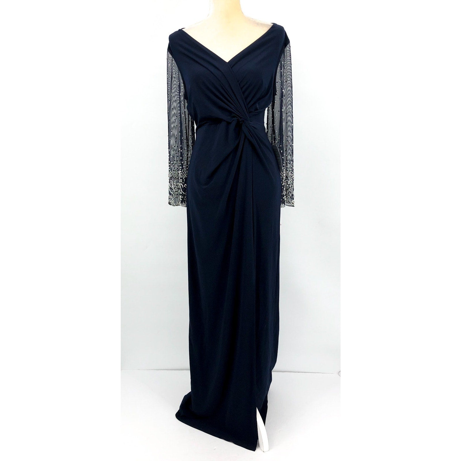 ALEX EVEININGS Embellished Illusion Dress Size 12 Dark Navy Blue Jersey NWT