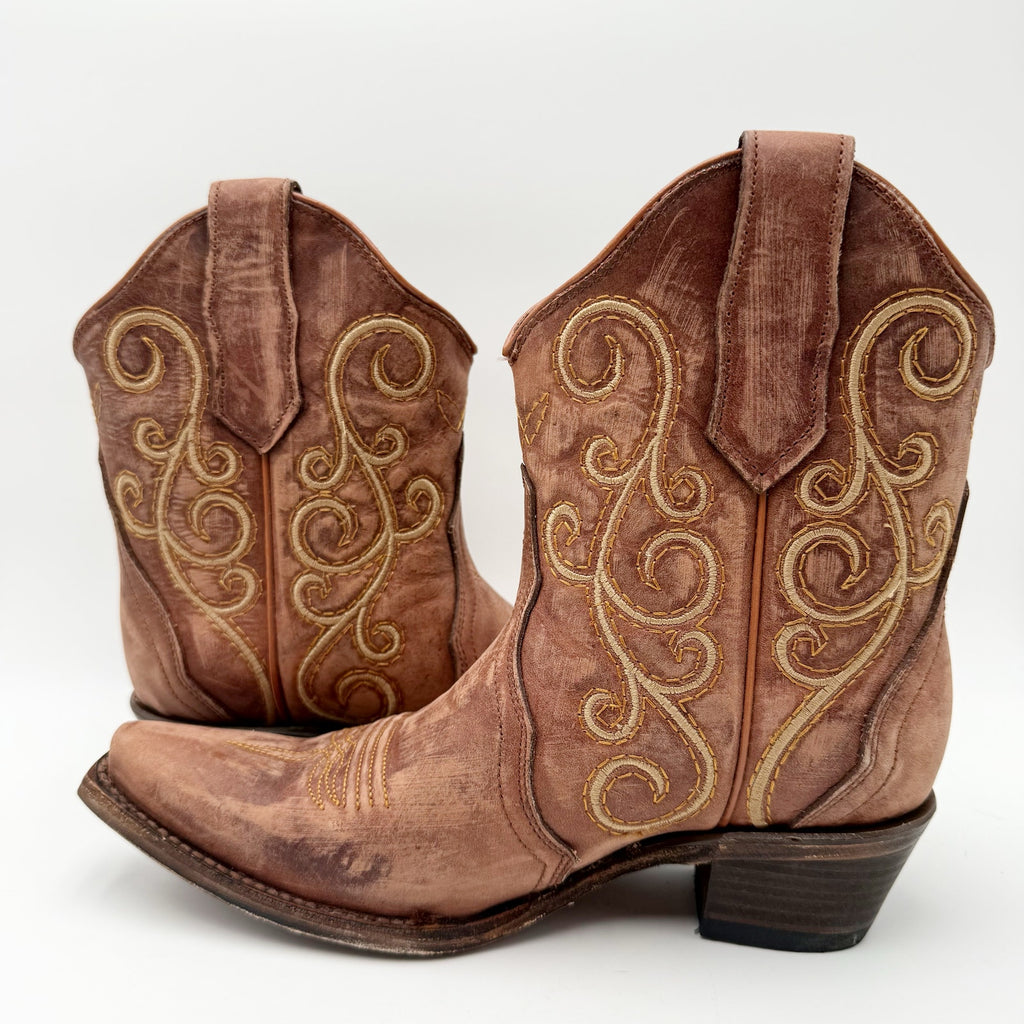 Circle G Women L6070 LD Bronze Ankle Boot US 7.5 M Brown Leather Embroidery NWOB