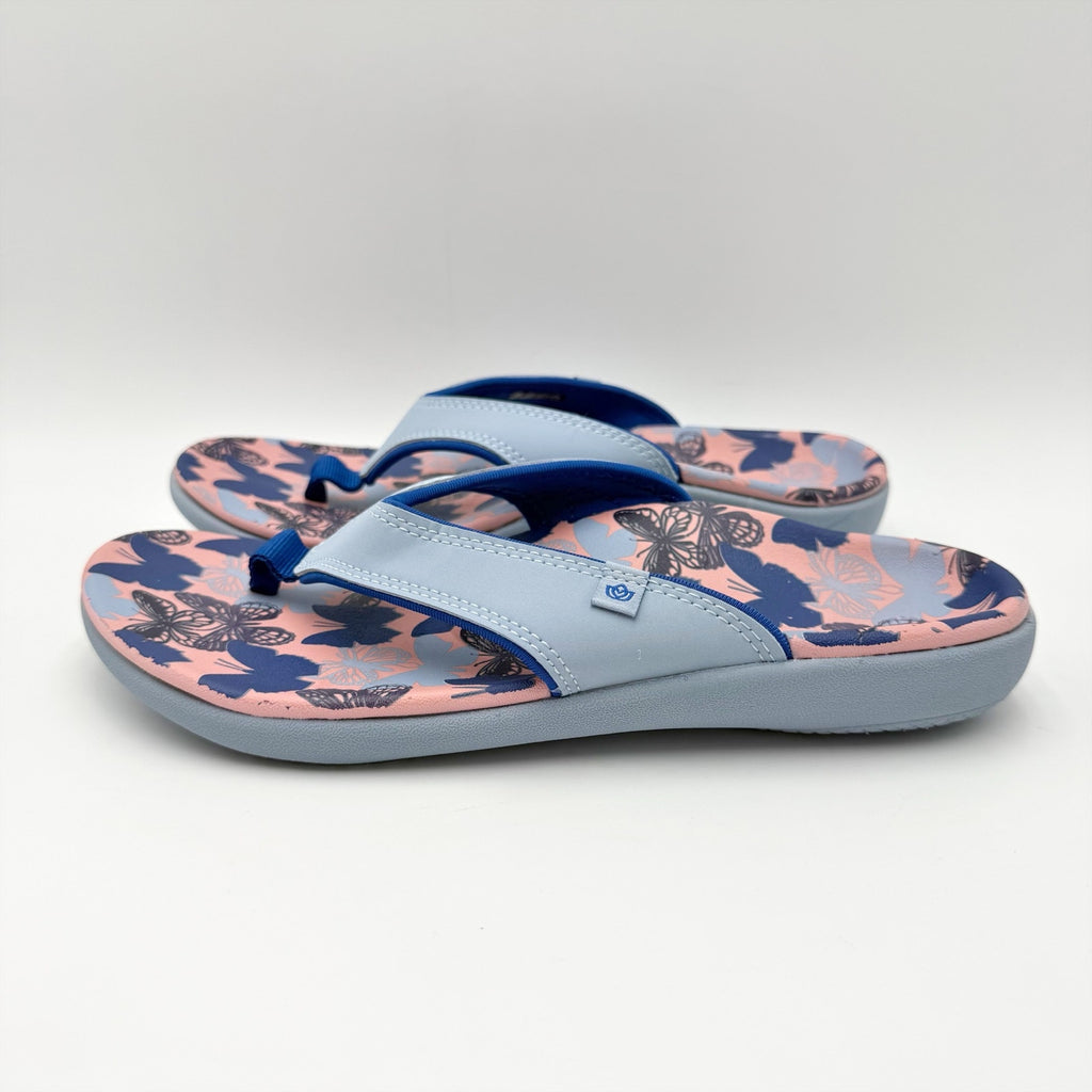 Spenco Womens Yumi Butterfly Sandals Size 8 WIDE Blue Pink Flip Flops NWOB